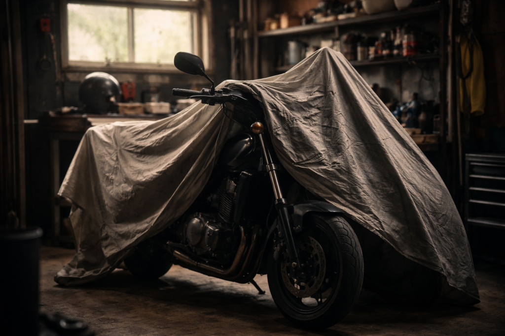 motorbike parked in garage under cover